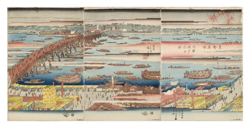 Panoramaudsigt over en sommeraften ved Ryogoku-broen, ca. 1832-34 (træblok)