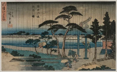 Billede af let regn på bredden af Sumida-floden, fra serien Et nyt udvalg af berømte steder i Edo