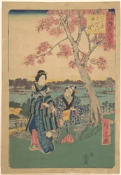 Blomstrende blommer i den tredje måned ved Sumida-floden, fra serien Årlige begivenheder på berømte steder i den østlige hovedstad (Tōto meisho nenjū gyōji sangatsu sumitagawa waka mōde)