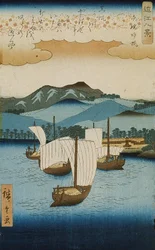Returning Sails at Yabase fra serien Eight Views of Omi, ca. 1855-8 (træblok i farver)