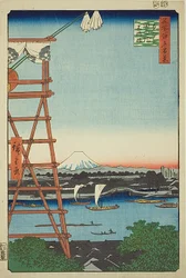 Ryogoku Ekoin og Moto-Yanagi Bridge (Ryogoku Ekoin Moto-Yanagibashi), nr. 5 fra serien "One Hundred Famous Views of Edo (Meisho Edo hyakkei)"