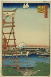 Ryogoku Ekoin og Moto-Yanagi Bridge (Ryogoku Ekoin Moto-Yanagibashi), fra serien "One Hundred Famous Views of Edo (Meisho Edo hyakkei)"