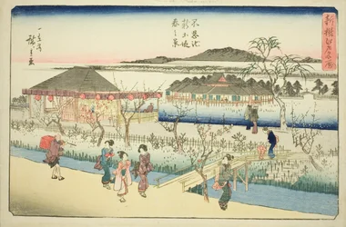Spring View of the New Embankment at Shinobazu Pond (Shinobazu ike shin dote haru no kei), fra serien "Newly Selected Famous Places in Edo (Shinsen Edo meisho)"