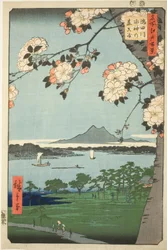 Suijin Shrine draft d first sound te sumida rive r (sumida river suijin no mori first), fra seriens "Ridge d red fa net s views f edo (et hundred views of Edo)"