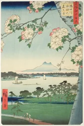 Suijin Shrine draft d first sound te sumida rive r (sumida river suijin no mori first), fra seriens "Ridge d red fa net s views f edo (et hundred views of Edo)"