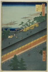 Hallen med de treogtredive bugter i Fukagawa (Fukagawa Sanjusangendo), fra serien "Hundrede berømte udsigter over Edo (Meisho Edo hyakkei)"