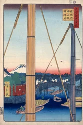 Havnehelligdommen og Inari-broen ved Teppozu, hundrede berømte udsigter over Edo, 1856-1858.