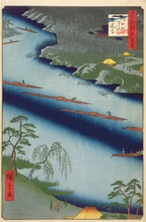 Kawaguchi-færgen og Zenkoji-templet, fra hundrede berømte udsigter over Edo, 1857 (træblok farvetryk)