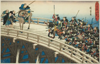 Natteangrebet, del 4 [sic; faktisk 5]: The Retreat across Ryogoku Bridge (Youchi yon, Ryogoku hikitori), fra serien "The Revenge of the Loyal Retainers (Chushingura)"
