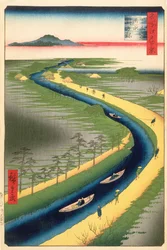 Trækbåde langs Yotsugi-dori-kanalen, plade 33 fra serien One Hundred Famous Views of Edo, Edo Period, Ansei Era, 1857 (træbloktryk)