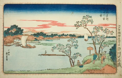 Udsigt over bladrige kirsebærtræer langs Sumida-floden (Sumidagawa hazakura no kei), fra serien "Famous Views of the Eastern Capital (Toto Meisho)"