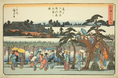 Wisteria i fuld blomst i området ved Kameido Tenmangu-helligdommen (Kameido Tenmangu keidai fuji hanazakari no zu), fra serien "Nyligt udvalgte berømte steder i Edo (Shinsen Edo meisho)"