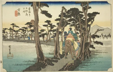 Yoshiwara: Mount Fuji til venstre (Yoshiwara, hidari Fuji), fra serien "Fifty-three Stations of the Tokaido Road (Tokaido gojusan tsugi no uchi)," også kendt som Hoeido Tokaido