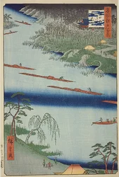 Zenkoji-templet og færgen ved Kawaguchi (Kawaguchi no watashi Zenkoji) med mørkeblå stribe, nr. 20 fra serien "One Hundred Famous Views of Edo (Meisho Edo hyakkei)"