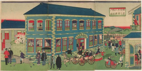 Billede af damptoget fra de udenlandske virksomheder i Yokohama, Meiji-æraen