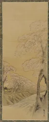 Landskab: blomstrende kirsebærtræer langs bredden af et vandløb, Edo-perioden, 1615-1868.