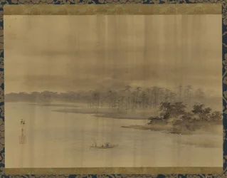 Flodlandskab og tempel i regnen, Edo-perioden, 1800-tallet.