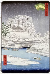 En landsby under sneen, Japan - Japansk tryk af Hiroshige -1800-tallet