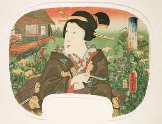 Efterår, Hanayashiki: En geisha med pibe, design til en vifte fra et sæt på fire, der illustrerer årstiderne, 1858-60 (træbloktryk)