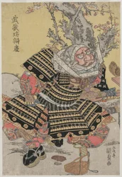 Musashibo Benkei knælende ved et blommetræ