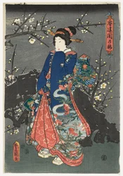 Pige under kirsebærblomster, ca. 1838-80 (nishiki-e, flerfarvet træsnit)