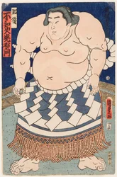Portræt af sumobryderen Shiranui Mitsuemon (1825-1879) med et rituelt forklæde. Tryk af Utagawa Kunisada II (1823-1880)