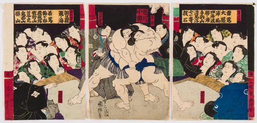 Kamp af sumobrydere. Tryk af Utagawa Kuniteru (1808-1876) - Sumobrydere, af Kuniteru, Utagawa (1808-1876). Farve træsnit. Privat samling