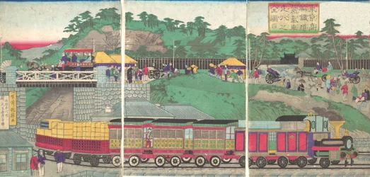 Illustration af et damplokomotiv, der kører på Takanawa Railroad i Tokyo Tokyo ta..., ca. 1873.