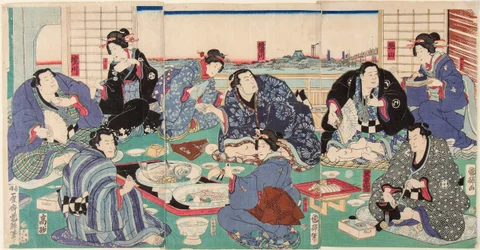 Sumobryderen Sakaigawa Namiemon (til venstre) sammen med andre brydere og geisha ved et festmåltid. Tryk af Kuniteru, Utagawa (1808-1876)
