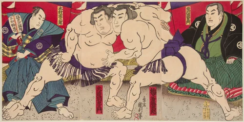 Combat des lutteurs de sumo Umegatani Rodachi et Kimura Shonosuke. 38x72,5