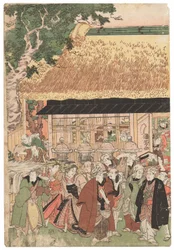 En gruppe skuespillere på vej til Oji (Inari jinja) helligdommen nytårsdag, signeret Kuniyoshi, kiwamesæl, Oban tate-e triptykon (træblok i farver)