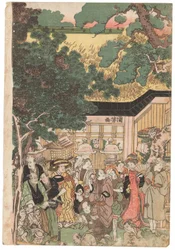 En gruppe skuespillere på vej til Oji (Inari jinja)-helligdommen nytårsdag, signeret Kuniyoshi, kiwamesæl, Oban tate-e triptykon (farvet træbloktryk)