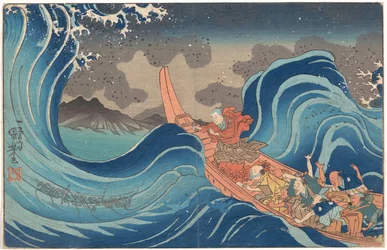 Kort illustreret biografi om munken Nichiren: Beroligelse af det stormfulde hav ved Tsunoda under eksilet på Sado-øen