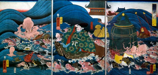 Dragon Palace Dragon King overrækker tre gaver til Tawara Tōda Hidesato (Ryūgūjō
