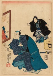 Ichikawa Danjuro VII foran en skærm dekoreret med pæoner