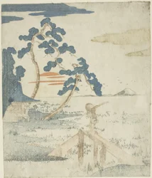 Man Crossing a Bridge as the Sun Rises, fra en titelløs udgave (uden poesi) af illustrationerne til serien "Five Prints of Mount Fuji (Fuji goban no uchi)"