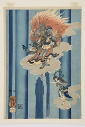 Mongaku Shonin under vandfaldet (midten) (træbloktryk i farver)