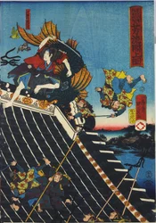 Sheet from a color woodblock print triptych, entitled H? Ryukaku sh? no zu depicting a scene from the Hakkenden of Takiwzawa Bakin showing a fight on the temple roof between Inuzuka Shinodani