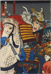 Blad fra en triptykon i farvetræsnit med titlen »Kawanakajima kassen« (Slaget ved Kawanakajima), som i nærbillede viser det personlige møde mellem de to hærførere, Uesugi Kenshin (til venstre) og Takeda Shingen: Japan, Edo
