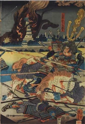 Ark fra en triptykon med farvet træblok, med titlen Shinshū Odai kassen no zu (Slaget ved Odai i Shinano-provinsen), der forestiller Odai Akarokurō Yorisada, der spyder tre mænd, mens hans slot brænder i baggrunden: Japan, Edo, af Utagawa Kuniyoshi