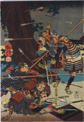 Sheet from a color woodblock print triptych, entitled Shinsh? Odai kassen no zudani