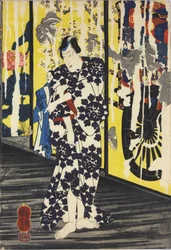 Ark fra et farvet træblok-triptykontryk med titlen Imayo Teru-uji furudera no kozu (Opdateret Teruuji i et gammelt billede ved et gammelt tempel), der skildrer en scene i et ødelagt tempel ved måneskin med revet og afskallet fusuma, med Teru- uji tilbyder 