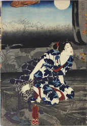 Ark fra et farvet træblok-triptykontryk med titlen Imayo Teru-uji furudera no kozu (Opdateret Teruuji i et gammelt billede ved et gammelt tempel), der skildrer en scene i et ødelagt tempel ved måneskin med revet og afskallet fusuma, med Teru- uji tilbyder 