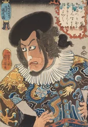 Skuespilleren Ichikawa Ebizo V som Kezori Kuemon, træbloktryk, udgivet af Fujiokaya Hikotaro (Shogendo), 8. måned 1840 (farvet træbloktryk)