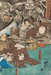 Jordedderkoppen fremmaner dæmoner i palæet Minamoto Raiko, 1843