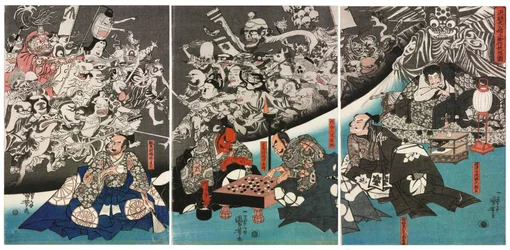 Jordedderkoppen genererer monstre i Lord Minamoto Yorimitsus palæ, 1843.