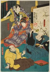 Skuespillerne Arashi Kichisaburo III som Aboshi Samojiro, Onoe Kikugoro II som Hamaji, Nakamura Kan