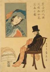 Engelsk købmand, der sorterer stoffer til handel i Yokohama, 1861