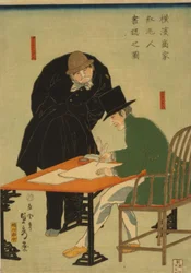 Udlændinge i Yokohama udarbejder kontrakt i et handelshus, 1861