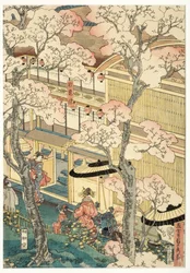 Sandfærdig udsigt over lysthusene i Miyosaki ved den nye havn, Yokohama, Kanagawa, 1860